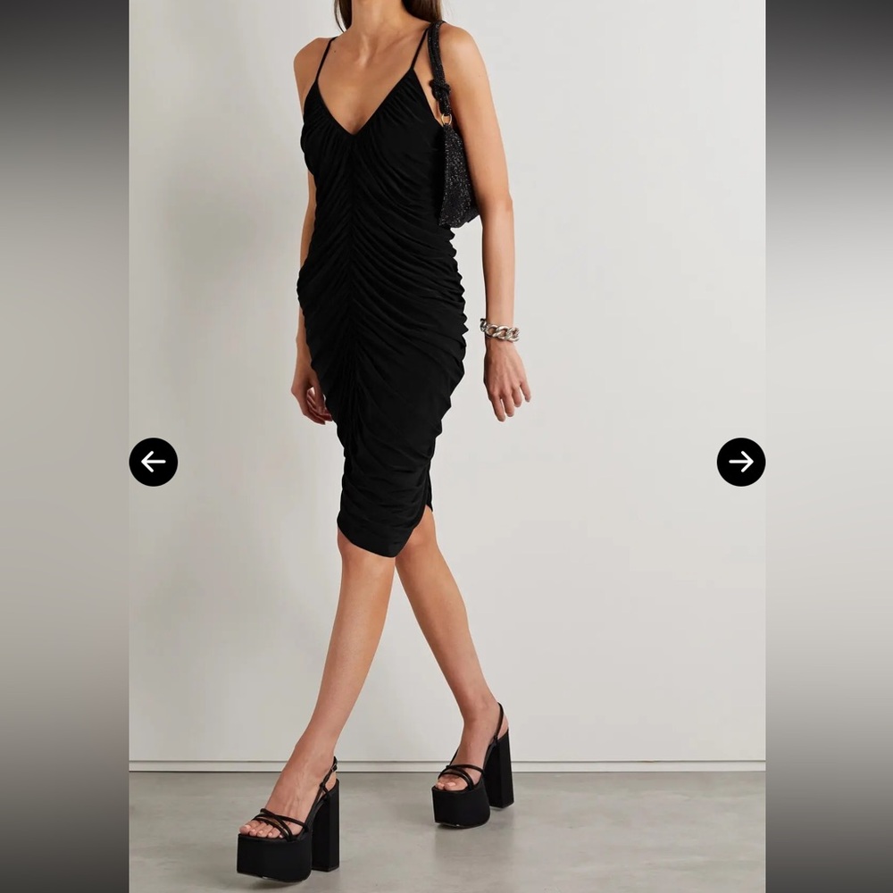 Norma Kamali Diana Black Strappy Camisole Ruched Midi Dress L